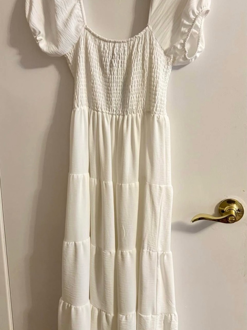 Girls White Smocked Puff-Sleeve Maxi Dress